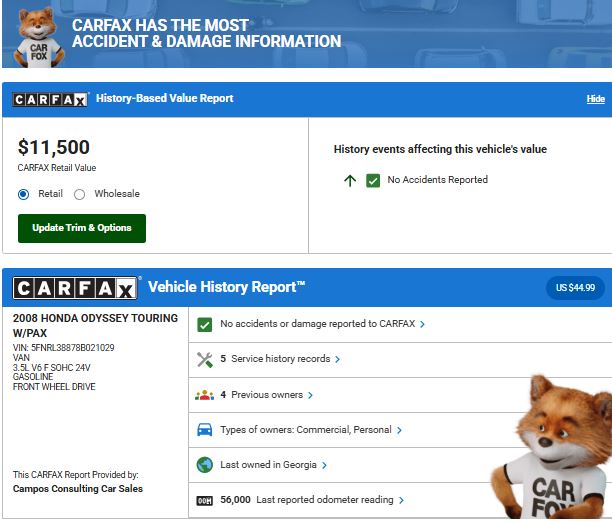 Honda carfax report first page